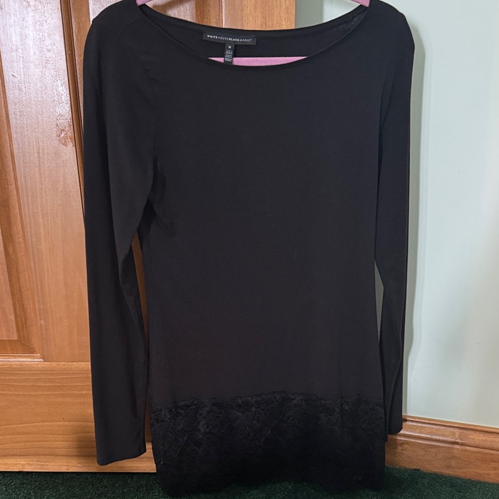 White House Black Market Black Long Sleeve Top with Lace Hem